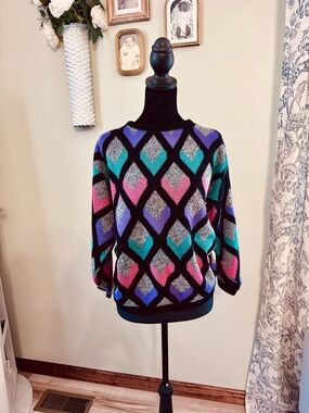 Vintage Colorblock Diamond Knit Sweater - Black with Pink, Teal & Purple